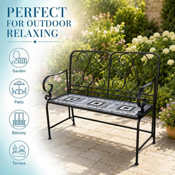 Medina Mosaic 2 Seater Garden Bench, 112cm Outdoor Patio Seat with Ceramic Tile Seat, Scrollwork Backrest & Metal Frame image 3