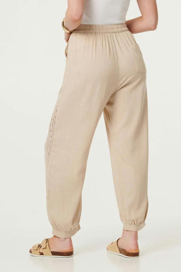 Linen | Lace Trim Drawstring High Waist Trousers
