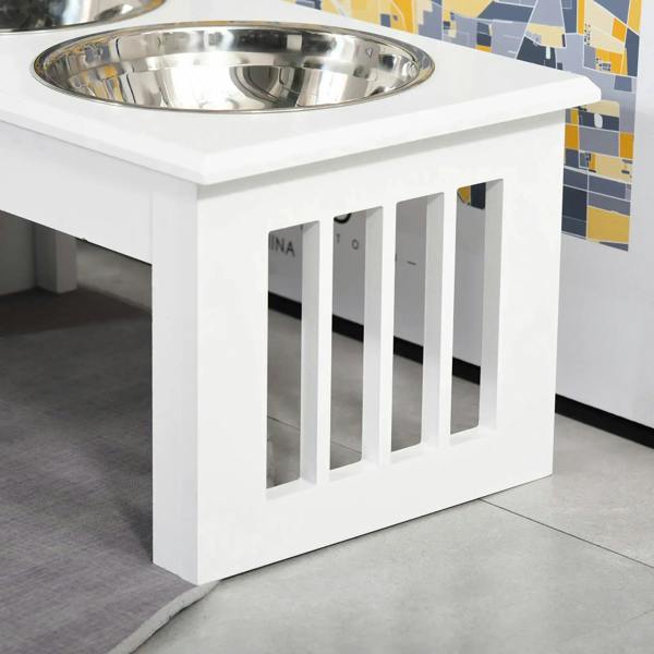 White raised feeding stand with two stainless steel bowls, side view