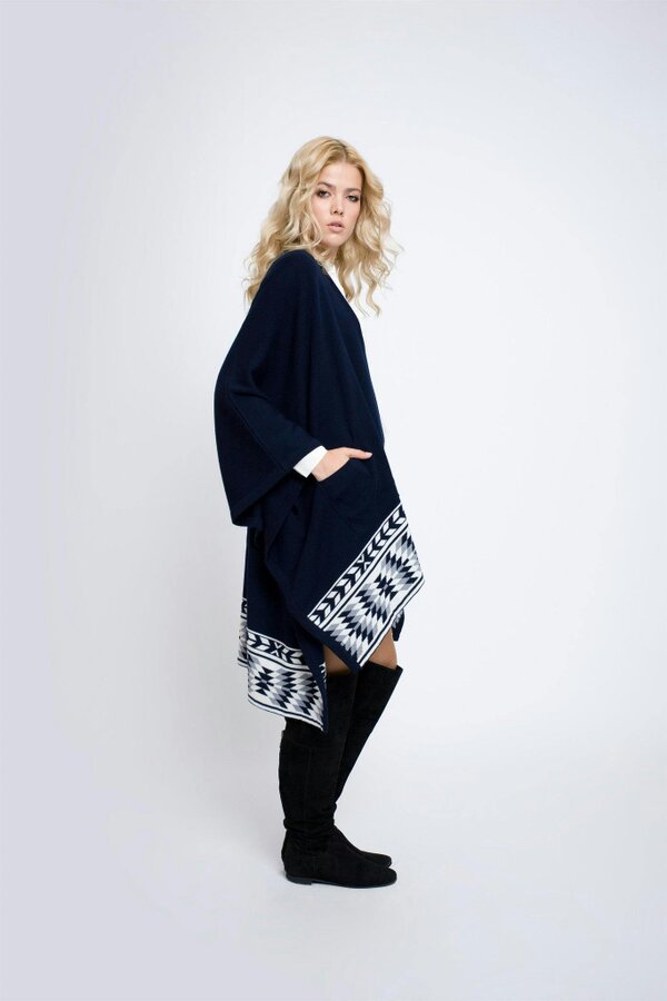 Ivana knitted merino wool cape with geometric border
