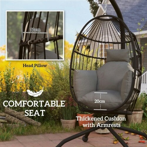 Bobobiy Hanging Egg Chair Garden Swing Chair with Folding Basket and Thickened Cushion, Garden Hanging Chair with Stand, Cup Holder, Dark Grey