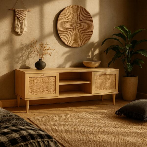 Wyld Haus Mallowmoss Rattan and Wood 2 Door 1 Shelf TV Unit