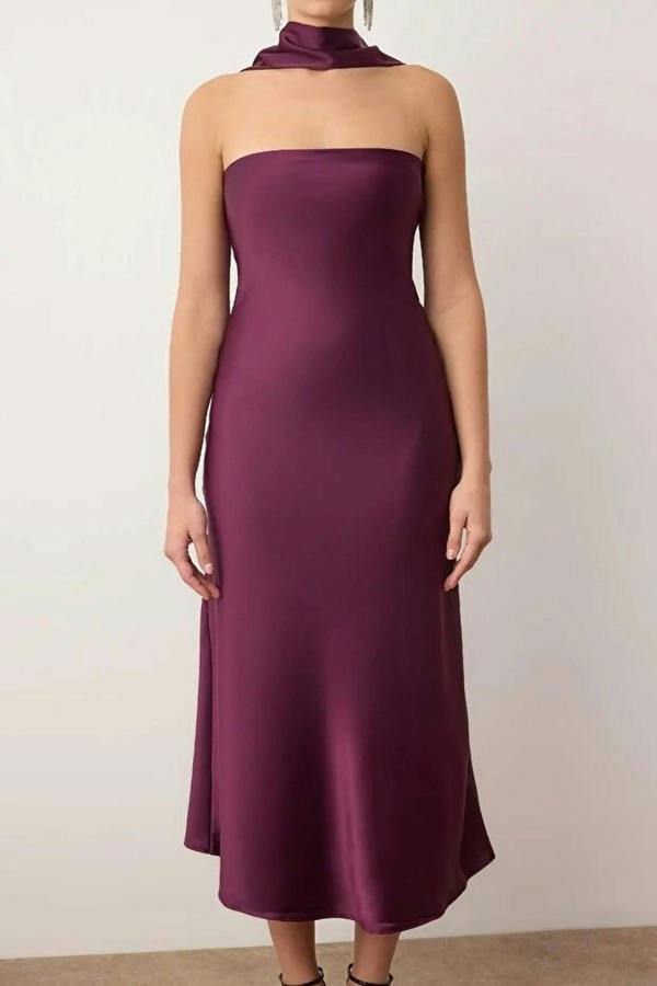 WOVCOR Strapless Satin Evening Dress with Scarf Detail