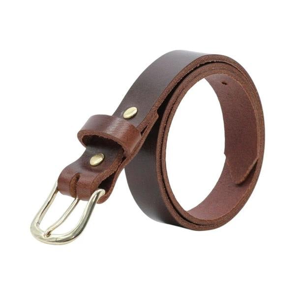 Brown leather belt with brass buckle on a white background