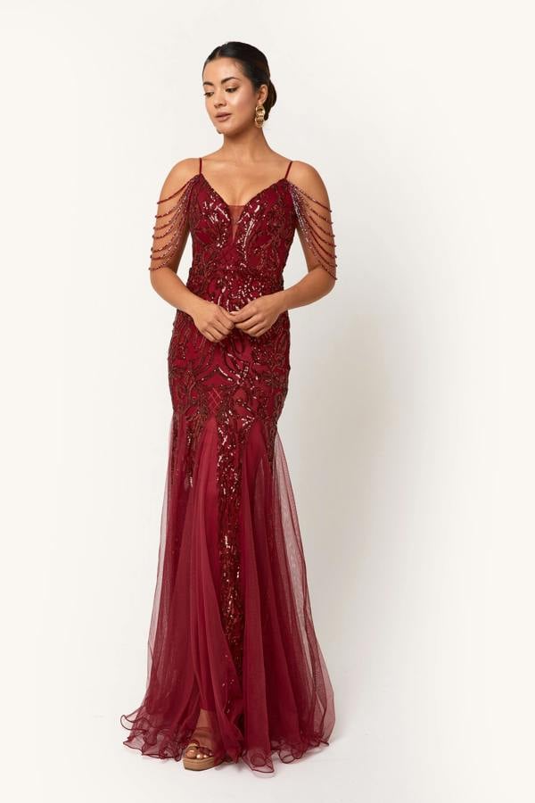 LuvForever Vinora - Wine Sequin Maxi Dress