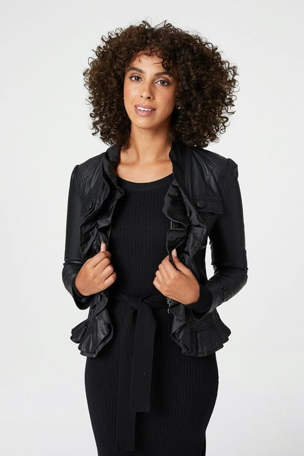 Black | Frilled Front Faux Leather Jacket