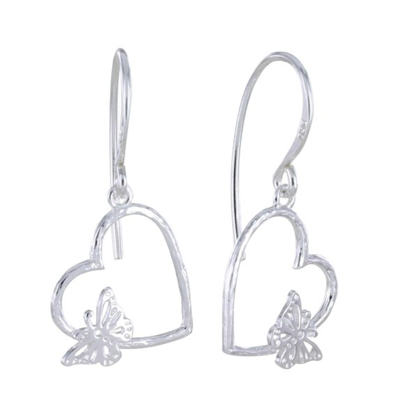 Butterfly in Heart Sterling Silver Drop Earrings - Reeves & Reeves