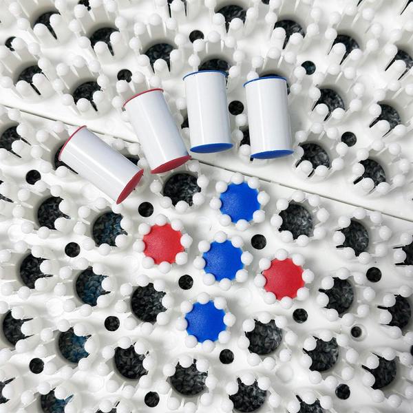 A high-angle, close-up shot of a white ski training mat featuring several cylindrical markers with red and blue ends. Some markers lie horizontally across the pegs, while others are tucked vertically between them.