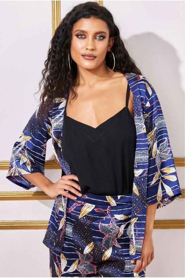 Printed Satin Kimono - Navy T215
