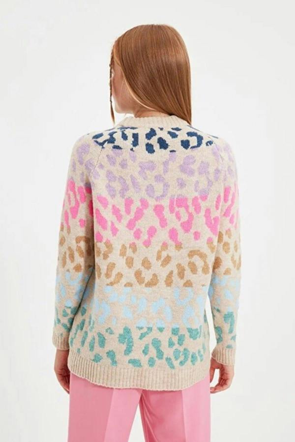 WOVCOR Soft Textured Knit Sweater with Leopard Pattern