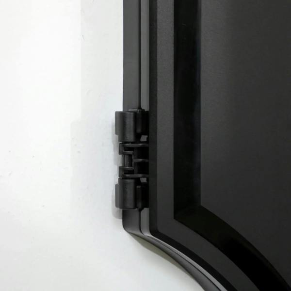 Black electronic dartboard side panel hinge and latch hardware detail