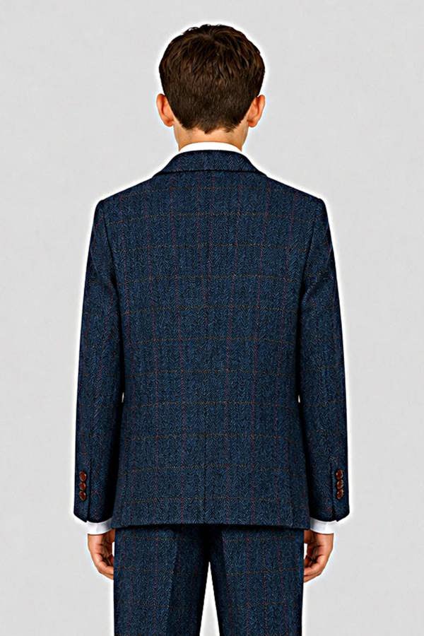 Paul Andrew Scott - Boys Navy Herringbone Tweed Check 3 Piece Suit