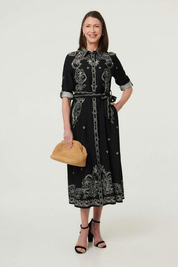 Black | Border Print Tie Waist Midi Shirt Dress