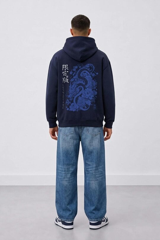 London Attitude Oversized Heavyweight Japanese Dragon Graphic Hoodie - New French Navy