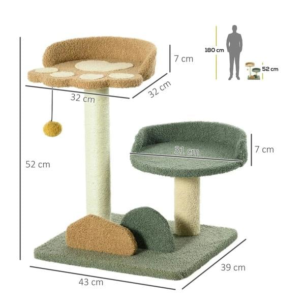 Small cat tree diagram showing beige top bed, dark green round perch, and base platform dimensions