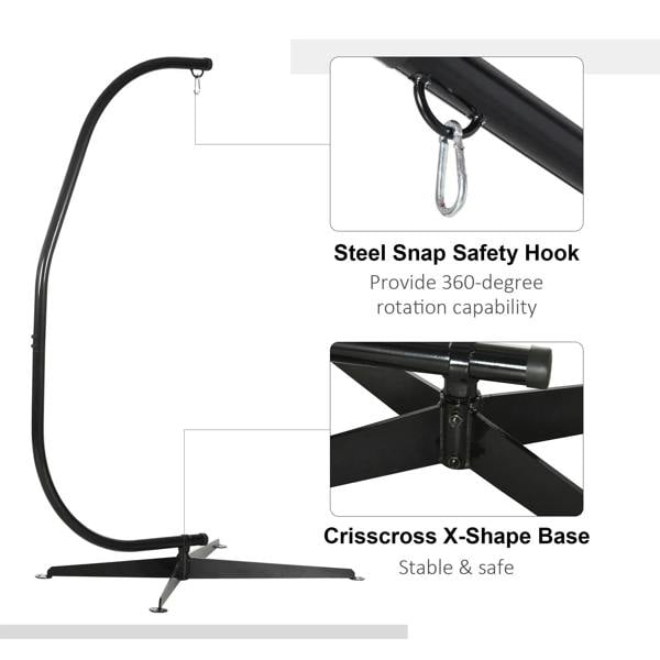 Black steel hammock stand with snap safety hook and crisscross X-shaped base