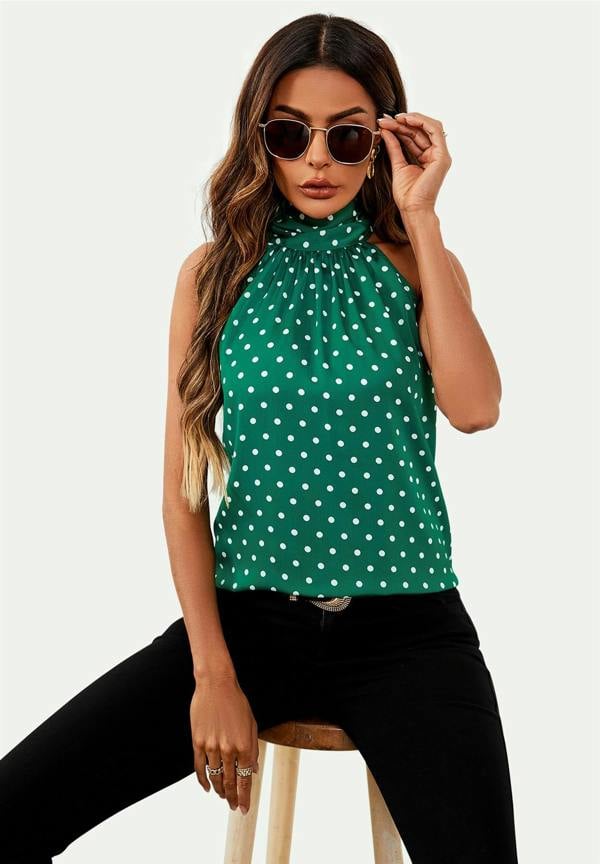 FS Collection Polka Dot Print Halter Neck Tie Back Top In Green