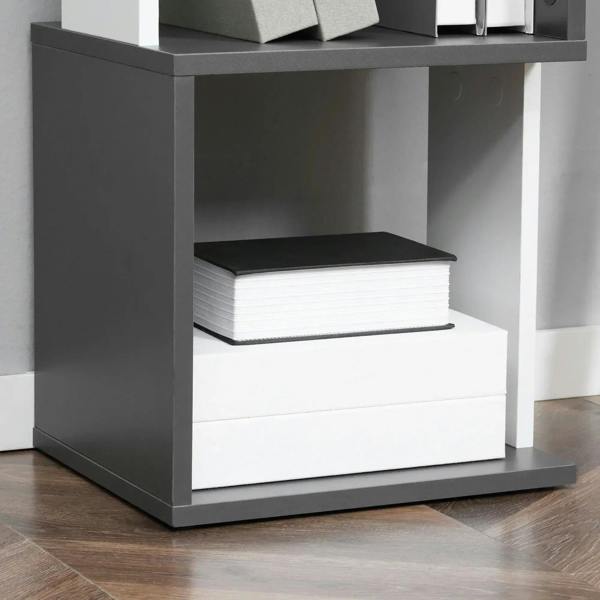 Bottom section of dark gray and white 5-tier bookshelf with open book storage