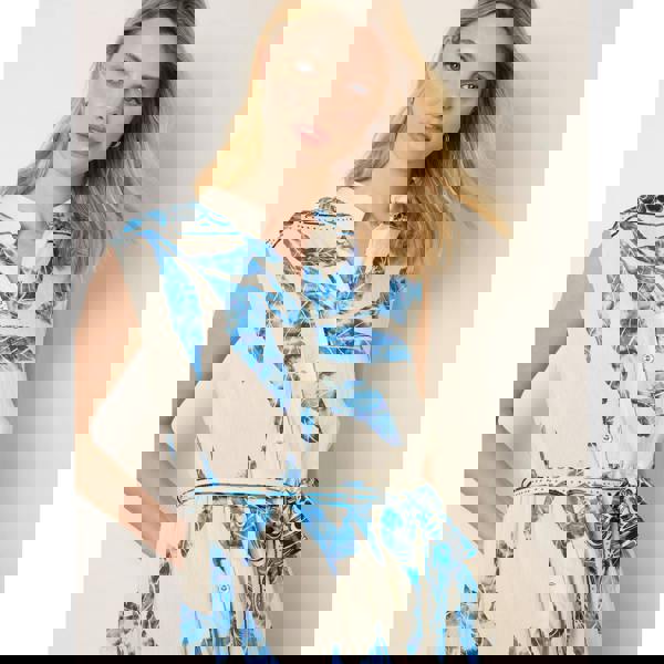 Blue Vanilla Leaf Print Collarless Shirt Dress With Belted Waist