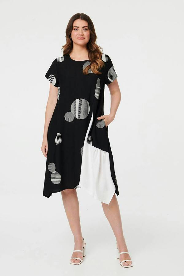 Black | Spotty Relaxed Hanky Hem Midi Dress