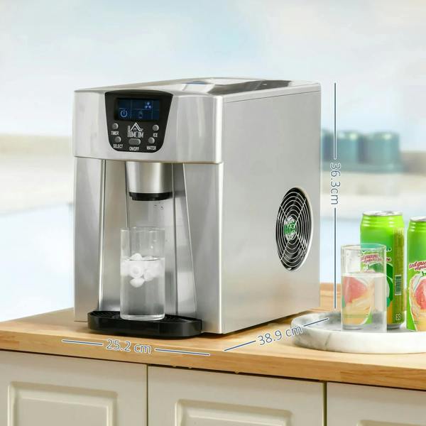 Silver ice maker with side ventilation fan and front control panel
