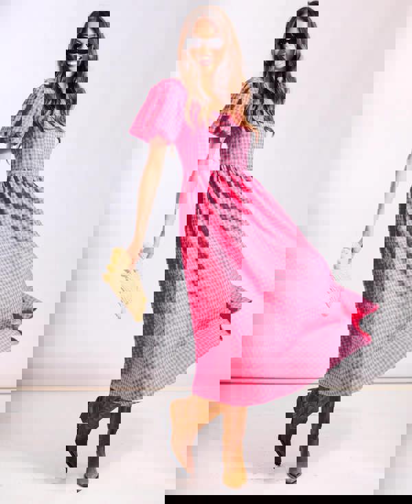Pink gingham midi dress short puff sleeves