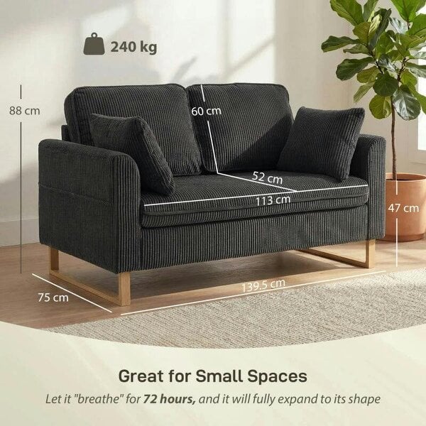 2 Seater Sofa, 140 cm Loveseat Sofa with Spring Cushions, Metal Legs, 2 Pillows, Dark Grey