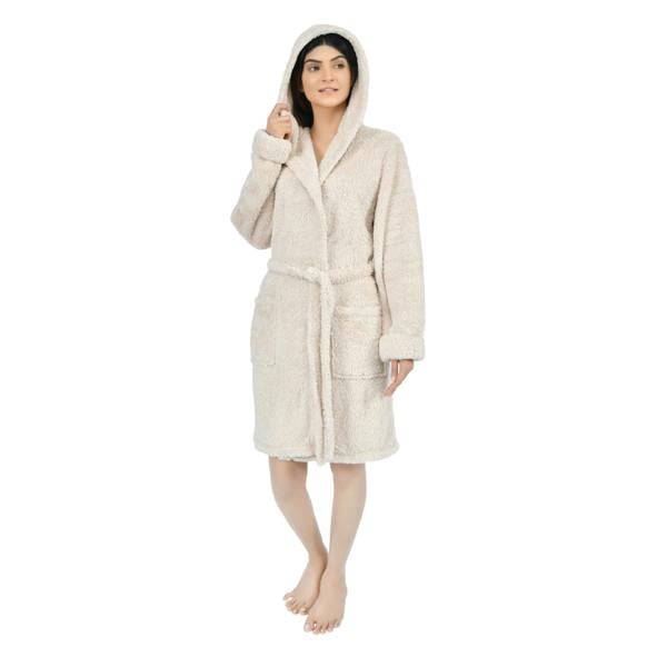 Smart Living Women's Faux Fur Fleece Hooded Bathrobe- Natural