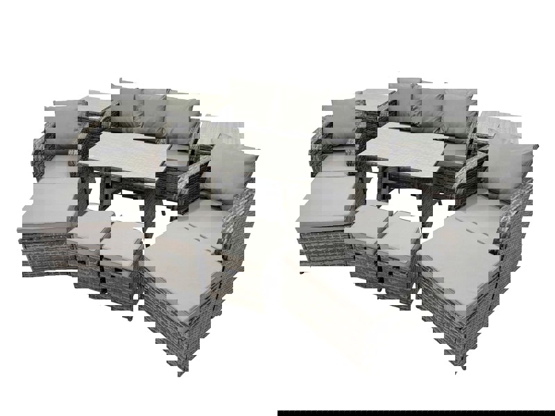 Fimous Garden Rattan Outdoor Furniture Set 9 Seater with 3 Seater Sofa 2 Side Table 2 Big Stool 2 Small Stools Dark Grey