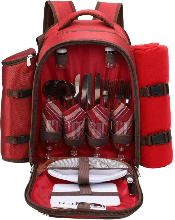 Dyzi 2 & 4 Person Picnic Backpack Cooler Compartment Tableware Set Blanket