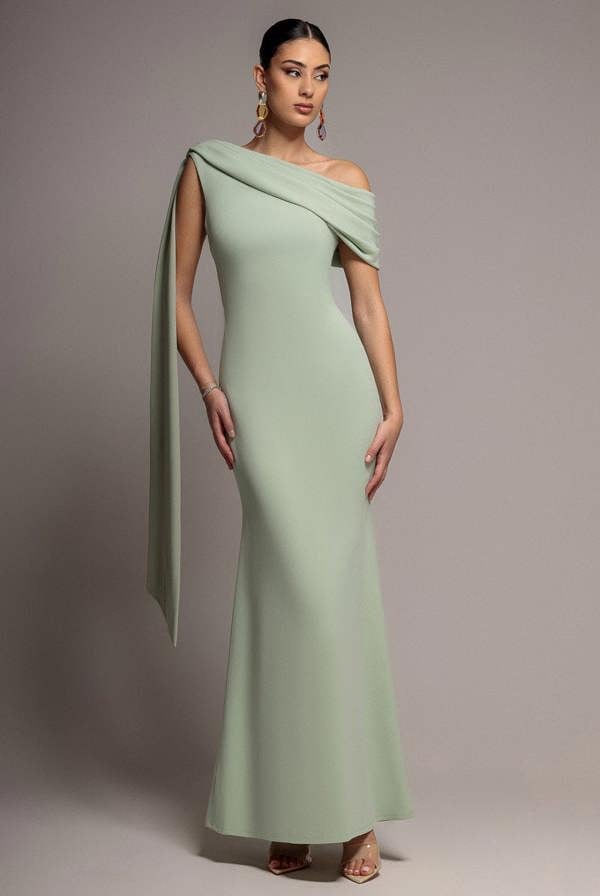 Sash One Shoulder Bardot Maxi Dress - Sage Green DR4830