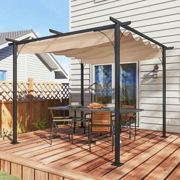 3 x 3(m) Metal Pergola with Retractable Roof, Garden Gazebo Metal Pergola Canopy for Party BBQ, Beige - Beige