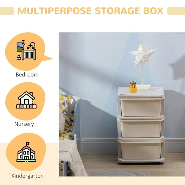 Three-drawer kids storage cabinet with cream bins, multiuse organizer design
