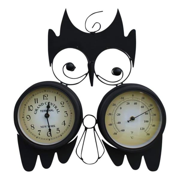 Owl Design Clock with Thermometer in Black Metal, Wall Mounted Indoor or Outdoor Feature with Mounting Bracket, 15cm Clock Face
