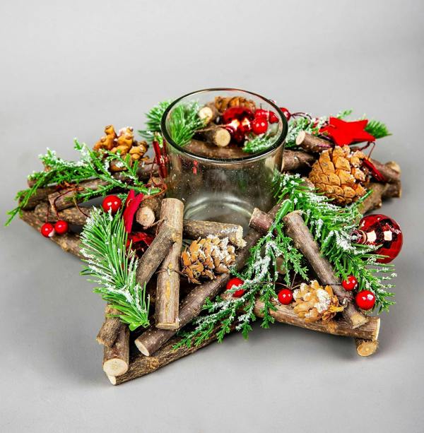 22cm Rustic Wooden Star Tealight Candle Holder with Removable Glass Jar and Festive Red Decoration image 4