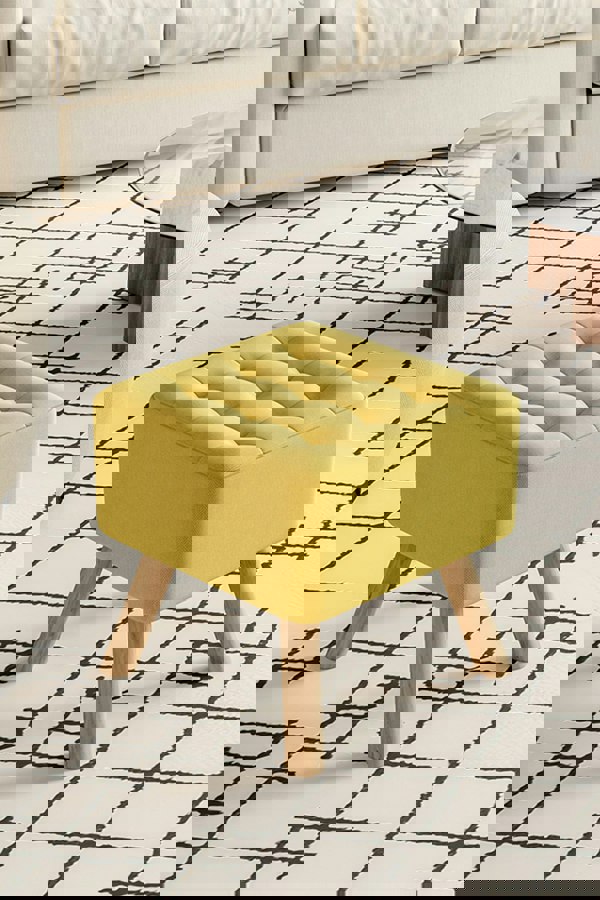 Living and Home Bright Yellow Linen Padded Wooden Leg Square Footstool