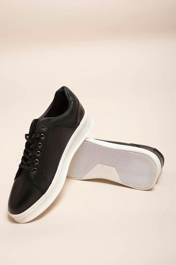 Noah Low Top Faux Leather Lace Up Trainers For Men - Black