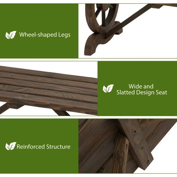 Close-up of brown wooden wheel-shaped legs and wide slatted seat design