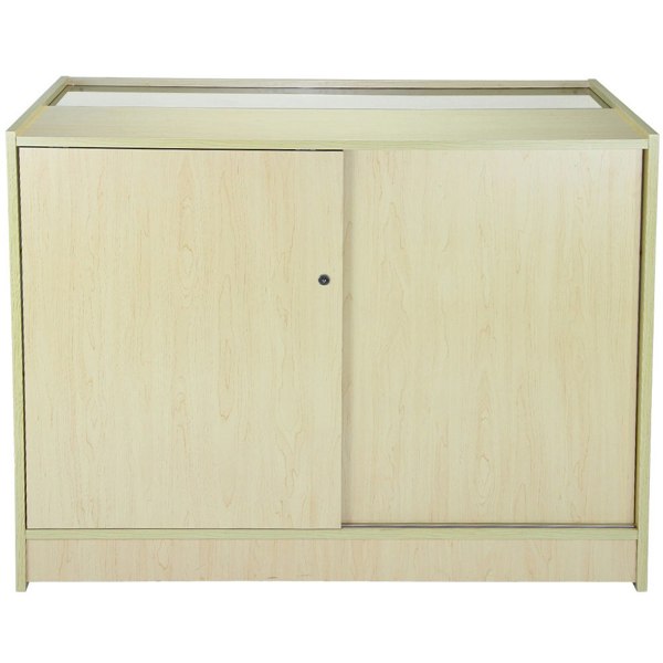 Maple glazed display counter K1200 featuring a smooth, light wood finish, sliding doors, and a sleek, modern design for showcasing products