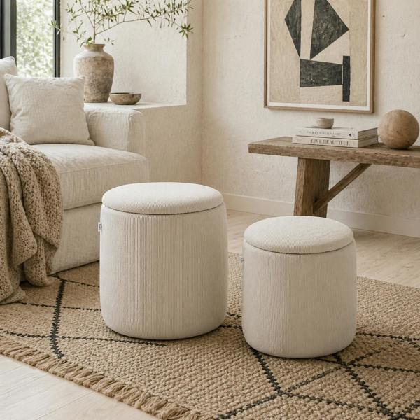 Wyld Haus Vivalepa Set Of 2 Fabric Cream White Round Storage Ottomans With Removable Lids