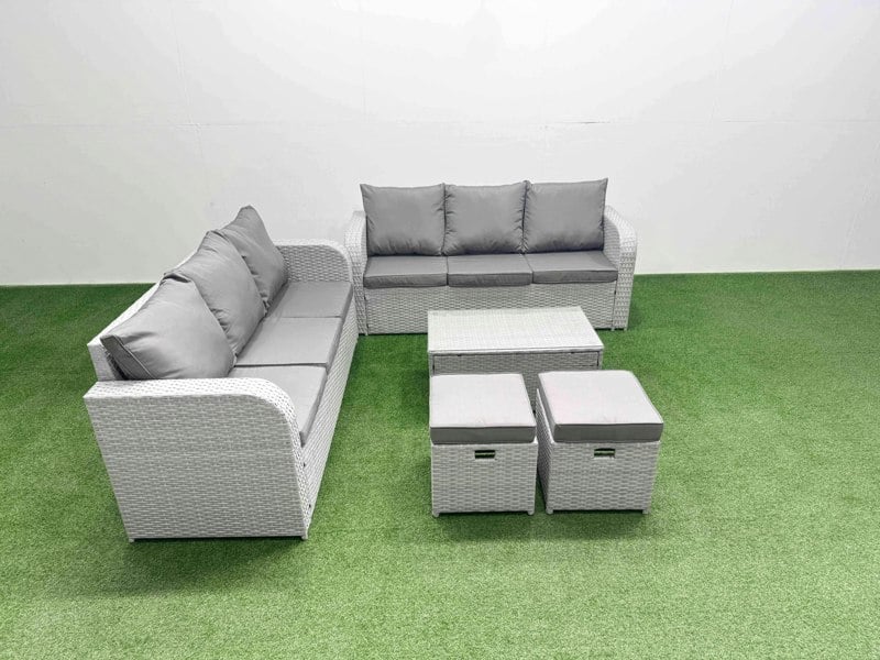 Fimous Outdoor Garden Furniture Sets 8 Seater Wicker Rattan Furniture Sofa Sets with Rectangular Coffee Table high Back Lounge Sofa Stools Light Grey