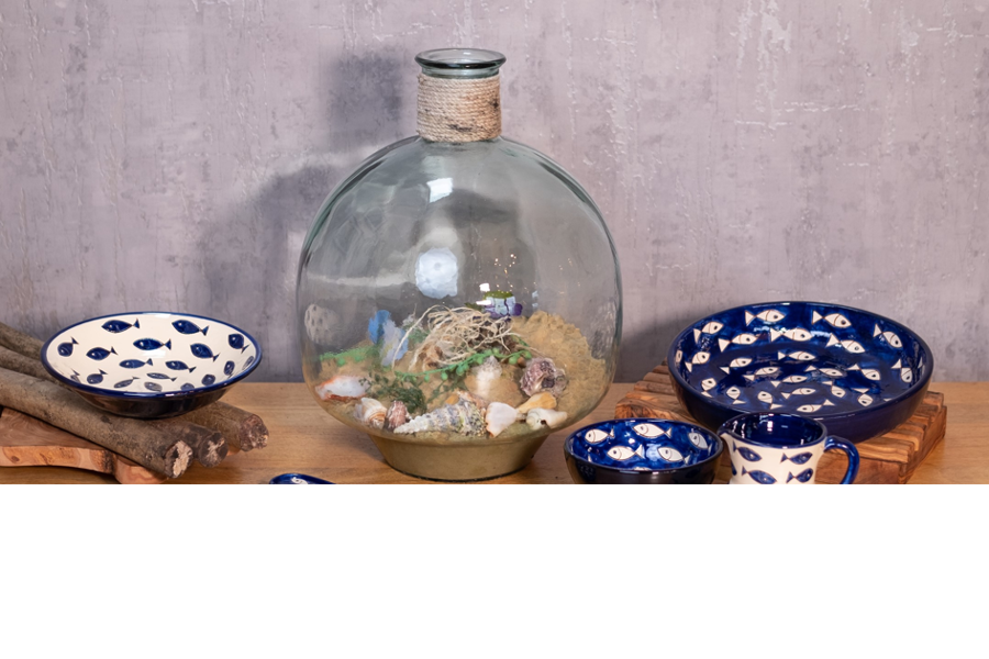 Verano Spanish Ceramics Signature - Blue & White Fish - Large Jug