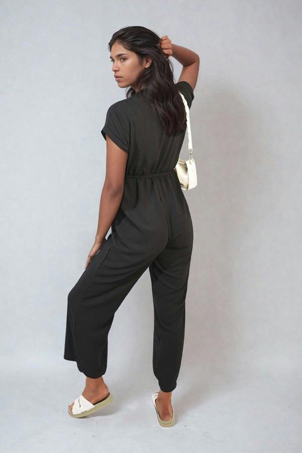 Alessandra Belted V Neck Jumpsuit With Side Pockets - Black