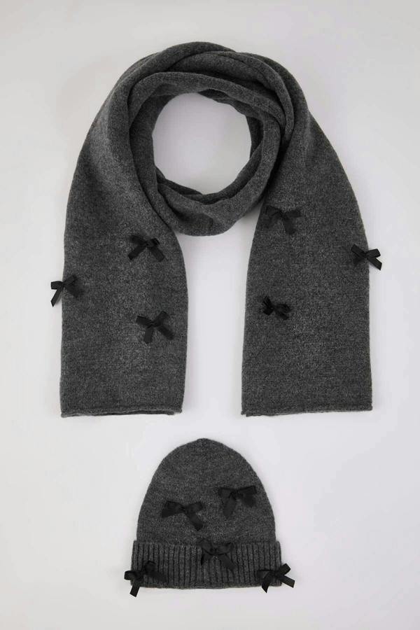 WOVCOR 2-Piece Soft Textured Knit Scarf and Beanie Set with Ribbon Detail