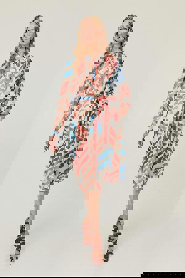 Red | Geo Print Tie Waist Midi Shirt Dress