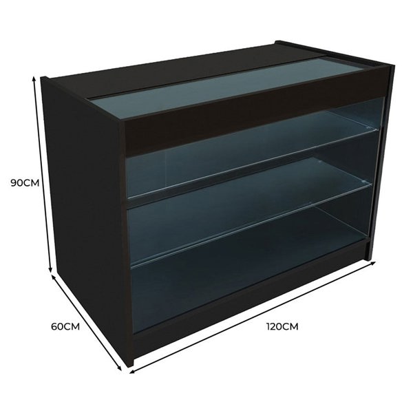 Black LED retail shop counter K1200 with glass shelves, sleek design, and dimensions of 120cm width, 60cm depth, and 90cm height