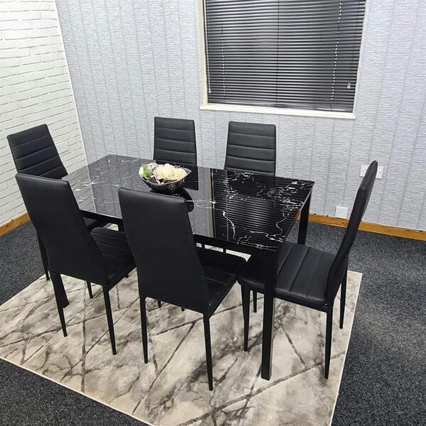 Kosy Koala Modern Black Glass Marble Effect Dining Table Set With 6 Black Chairs Dining Room Furniture