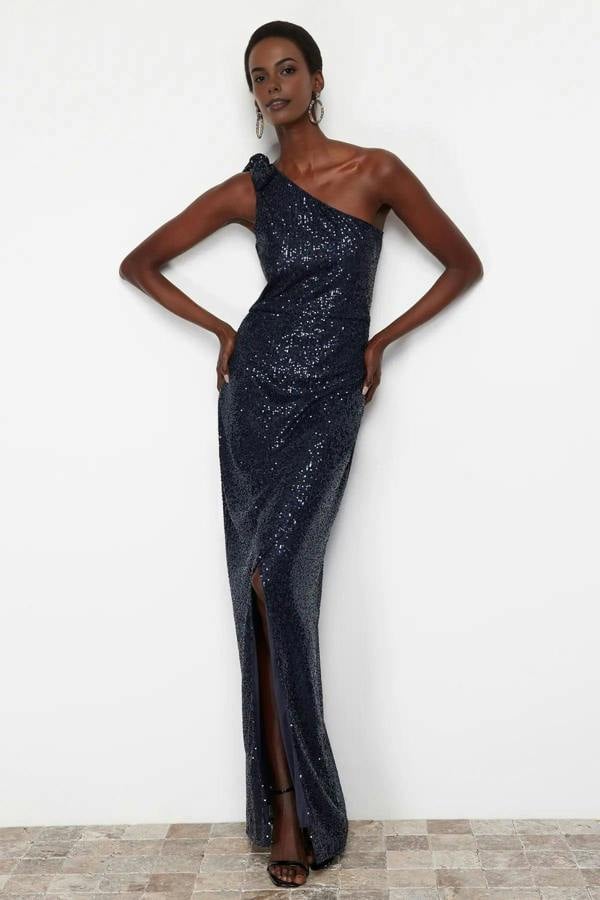 WOVCOR One Sleeve Sequin Long Elegant Evening Dress