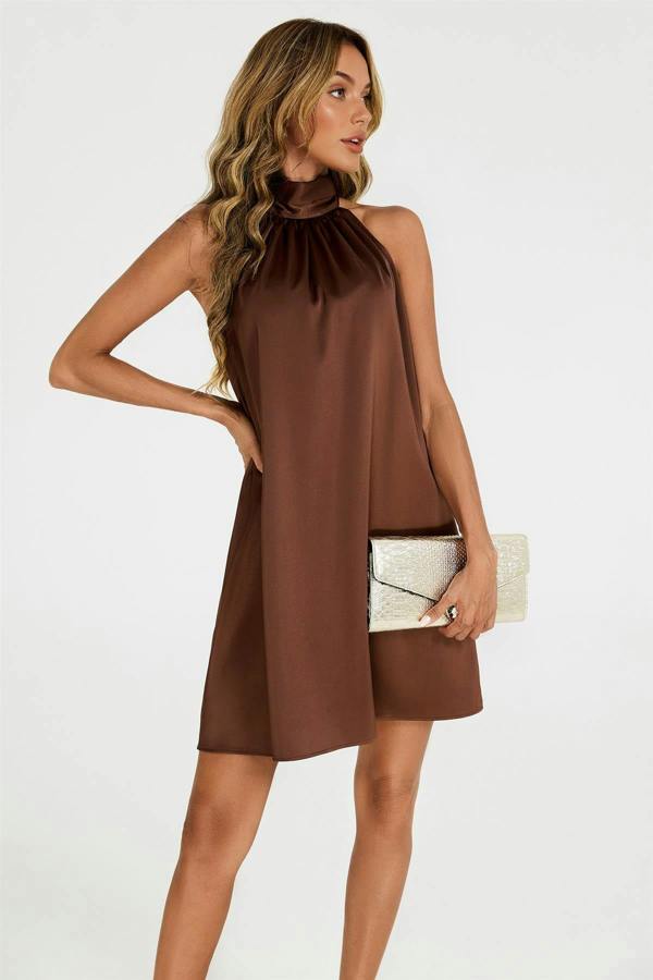 FS Collection Satin Halter Neck Tie Back Mini Dress In Brown