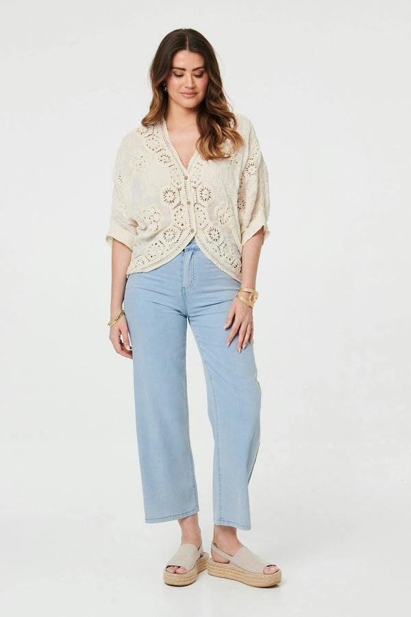 Beige | Crochet 3/4 Sleeve Relaxed Cardigan